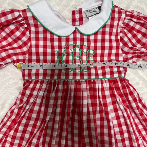 Dressie Jessie Smocking Baby Girl Christmas Dress 12M Red Gingham Monogram EUC - Picture 5 of 6